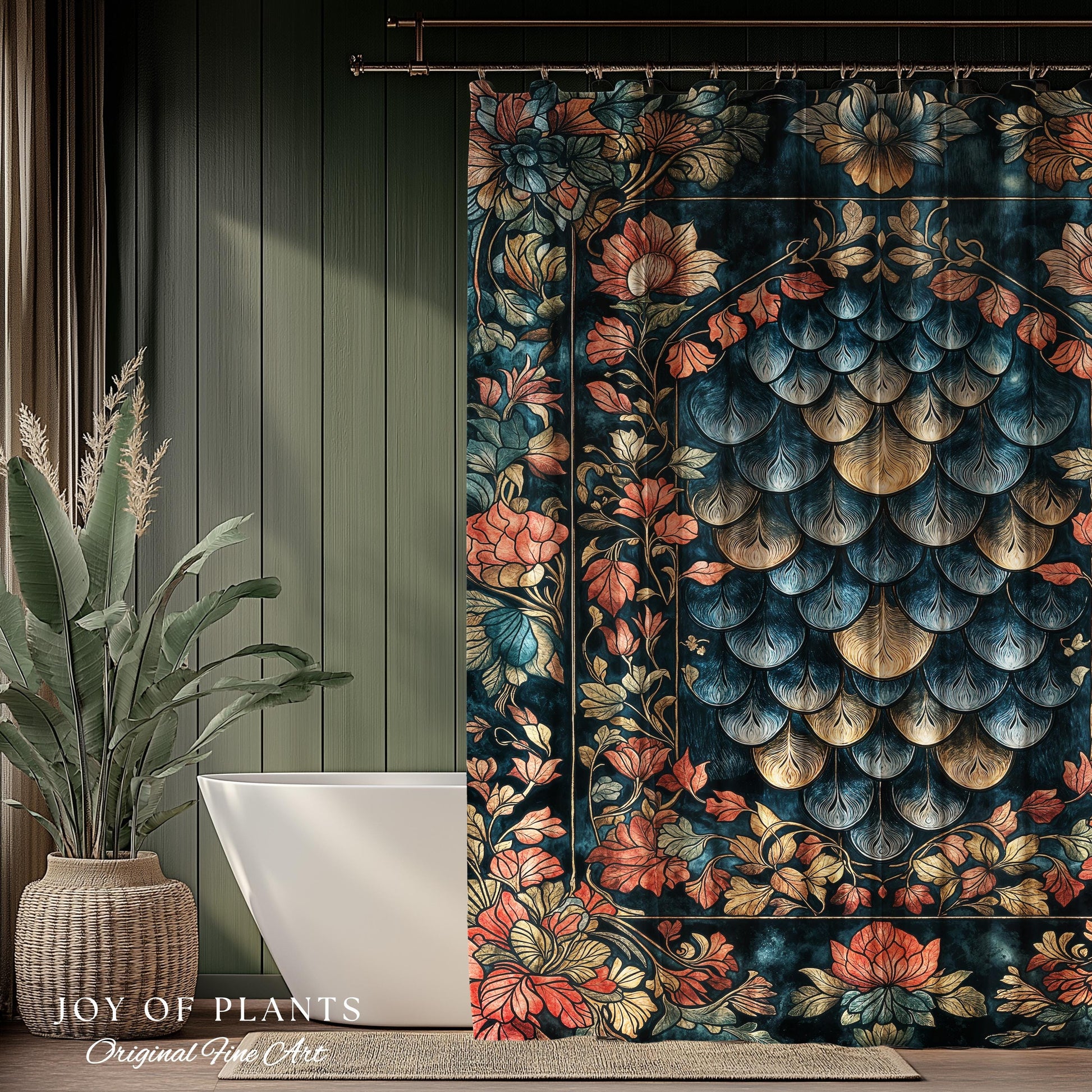 Romantic Baroque Dragon Scale Shower Curtain | Mystic Fairytale Gothic Bathroom Accent Ornate Floral Dark Academia Style Medieval Academia |