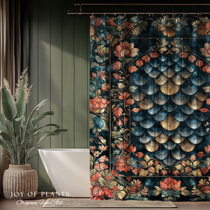 Romantic Baroque Dragon Scale Shower Curtain | Mystic Fairytale Gothic Bathroom Accent Ornate Floral Dark Academia Style Medieval Academia |