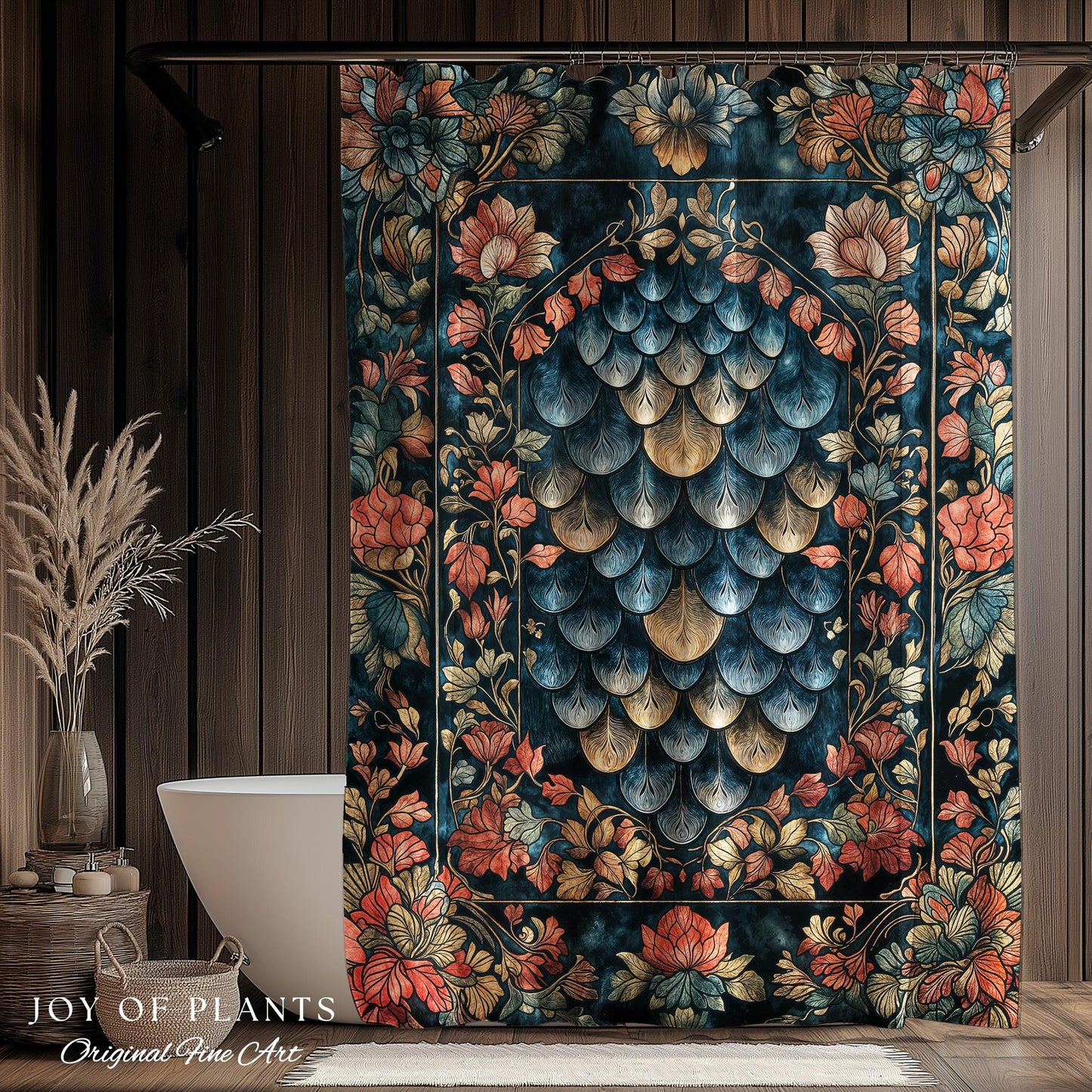 Romantic Baroque Dragon Scale Shower Curtain | Mystic Fairytale Gothic Bathroom Accent Ornate Floral Dark Academia Style Medieval Academia |