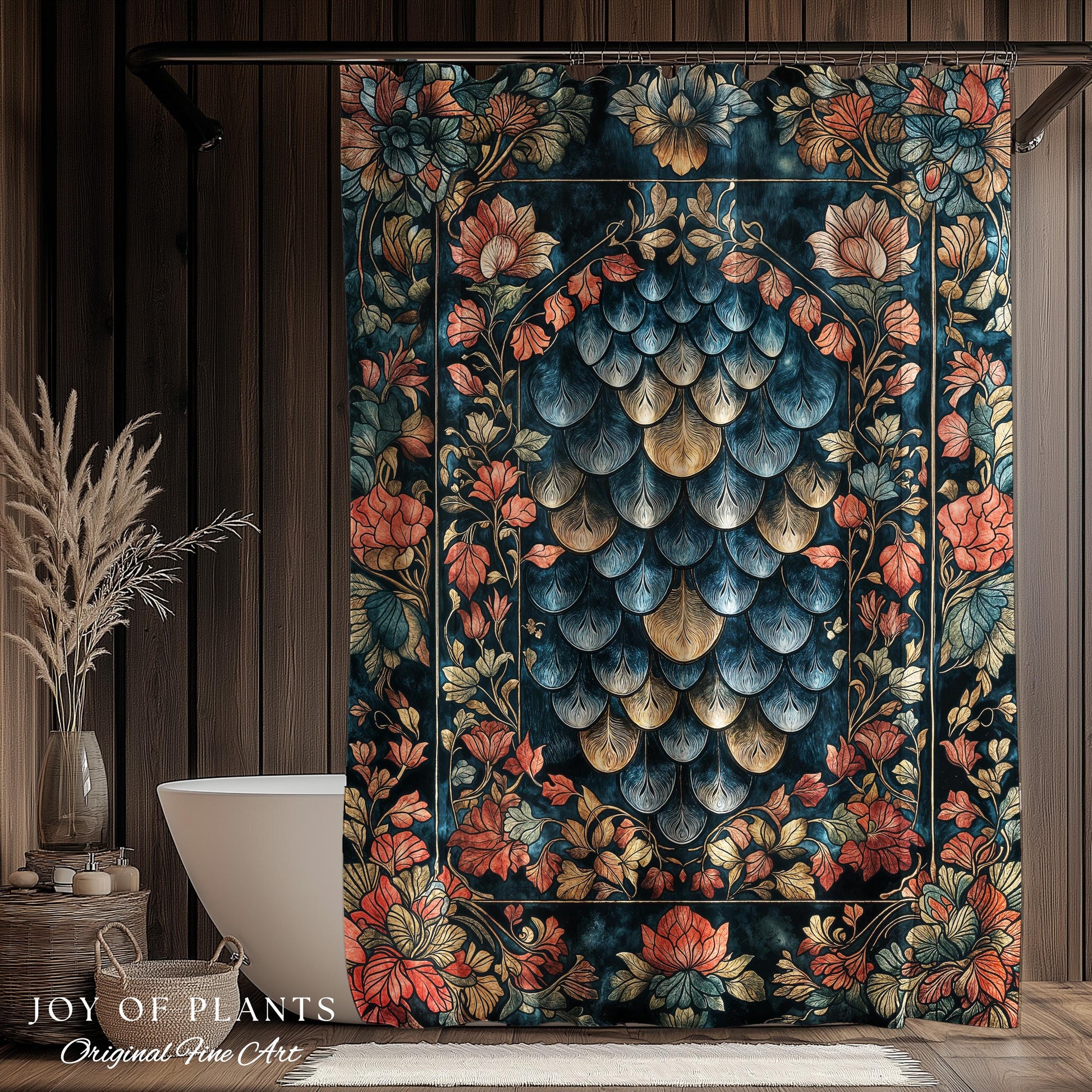 Romantic Baroque Dragon Scale Shower Curtain | Mystic Fairytale Gothic Bathroom Accent Ornate Floral Dark Academia Style Medieval Academia |