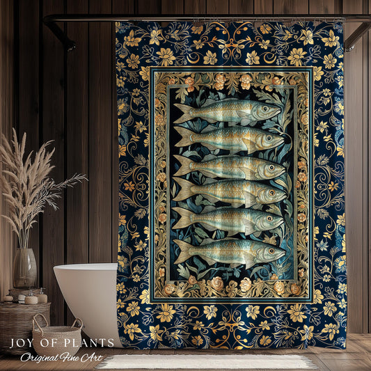 Rustic Nautical Sardine Shower Curtain | Costal Aesthetic for Beach House Sea Lover Bathroom Accent Ocean Inspired Marine Decor Sardine Art