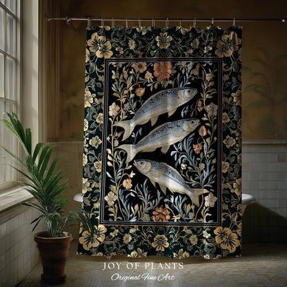 Beachy Costal Fish Shower Curtain | Sea Life Marine Bathroom Sardine Throw Ocean Inspired Design Sea Lover Bath Decor Maritime Aesthetic |