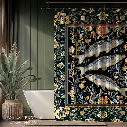 Beachy Costal Fish Shower Curtain | Sea Life Marine Bathroom Sardine Throw Ocean Inspired Design Sea Lover Bath Decor Maritime Aesthetic |