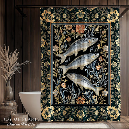 Beachy Costal Fish Shower Curtain | Sea Life Marine Bathroom Sardine Throw Ocean Inspired Design Sea Lover Bath Decor Maritime Aesthetic |