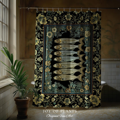 Ocean Folklore Nautical Sardine Shower curtain | Oceancore Bathroom Costal Fish Marine Life Home Accent Ocean Inspired Fish Aesthetic Bath