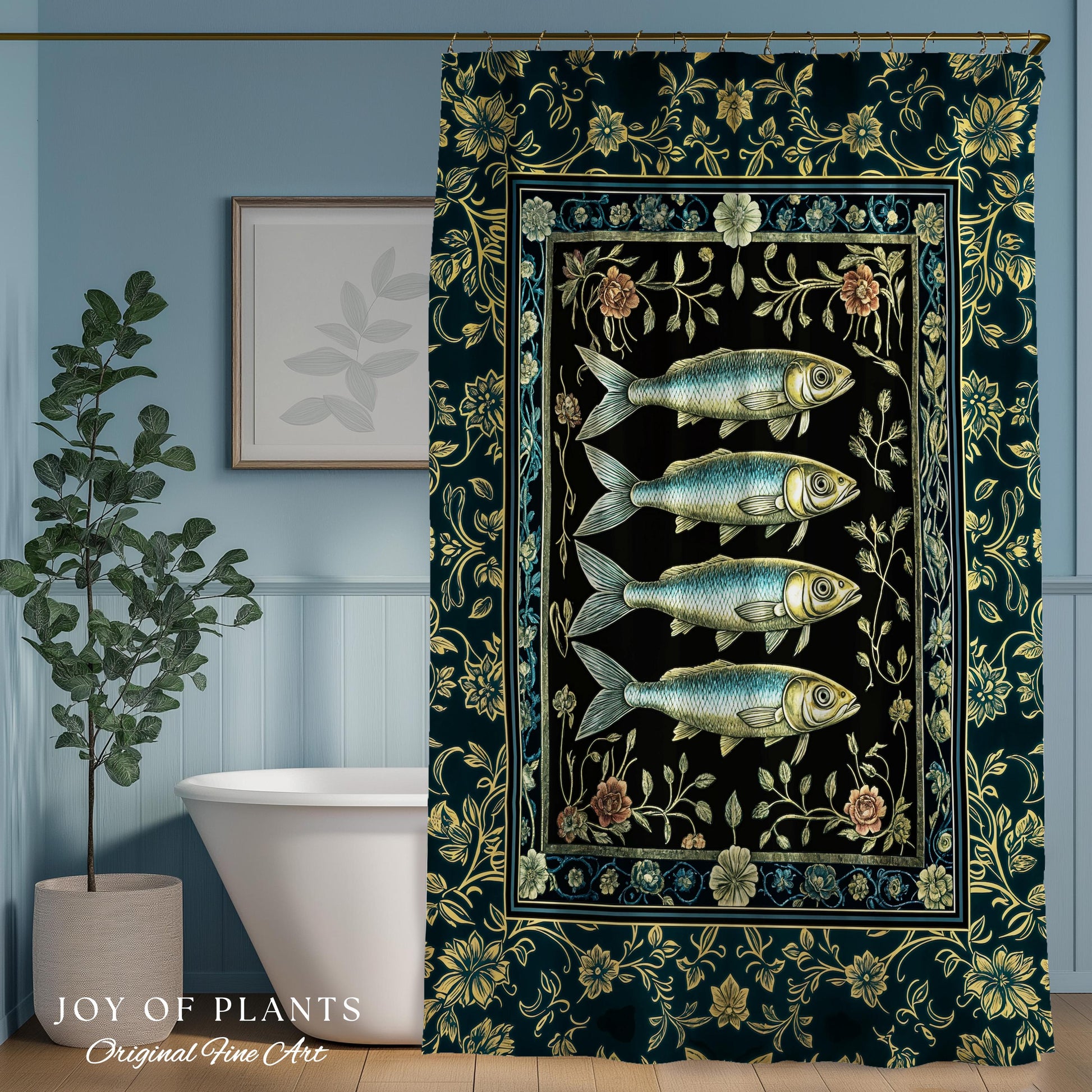 Marine Magic Sardine Shower Curtain | Sea Life Coastal Folklore Nautical Maximalist Bathroom Rustic Oceancore Costal Fish Marine Aesthetic |