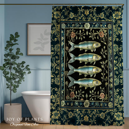 Marine Magic Sardine Shower Curtain | Sea Life Coastal Folklore Nautical Maximalist Bathroom Rustic Oceancore Costal Fish Marine Aesthetic |
