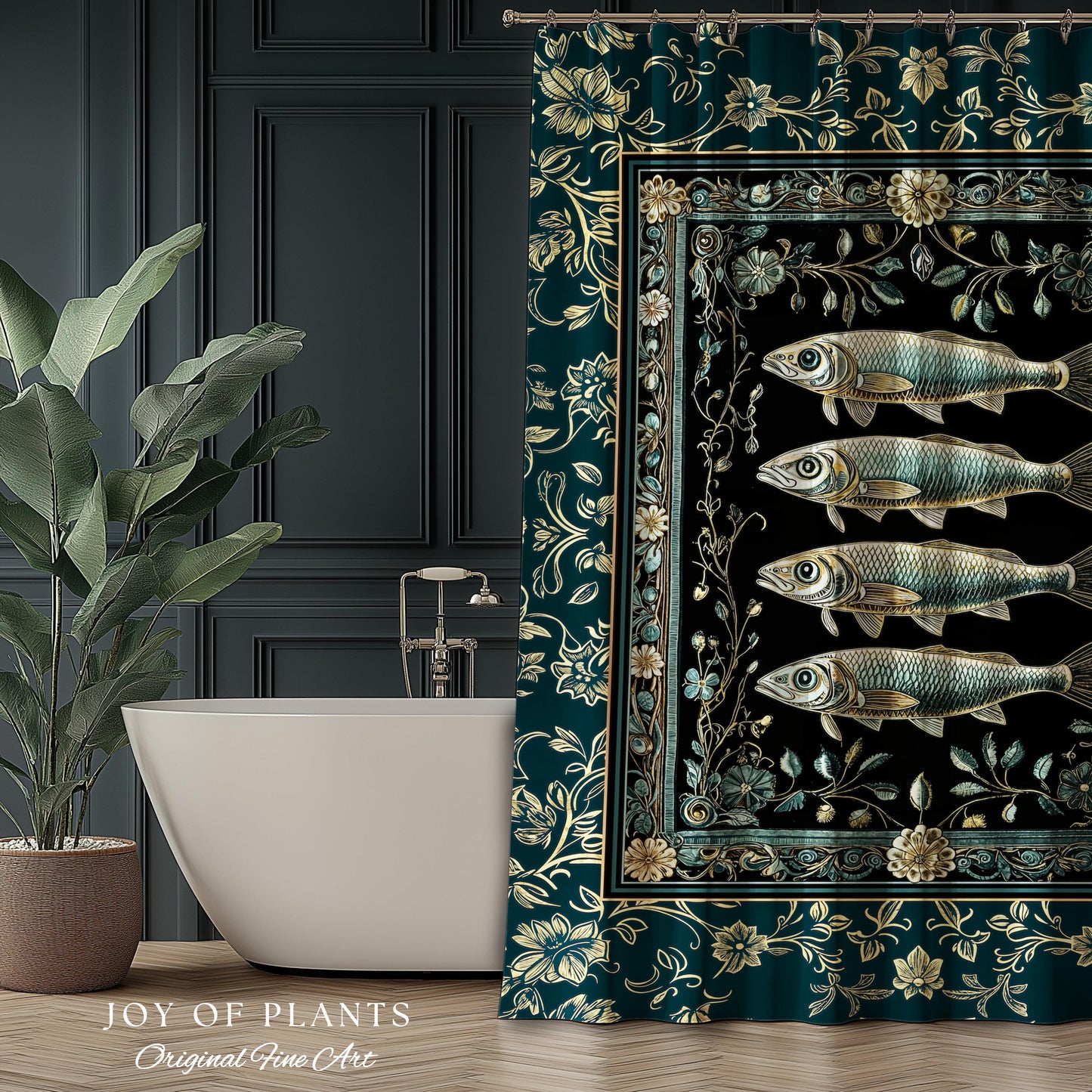 Maximalist Sea Life Sardine Shower Curtain | Coastal Folklore Bathroom Nautical Rustic Oceancore Costal Fish Marine Themed Decor Bath Decor