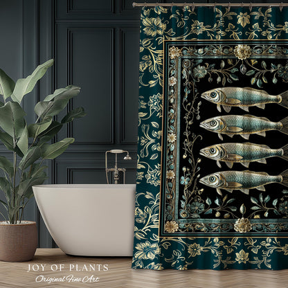 Maximalist Sea Life Sardine Shower Curtain | Coastal Folklore Bathroom Nautical Rustic Oceancore Costal Fish Marine Themed Decor Bath Decor