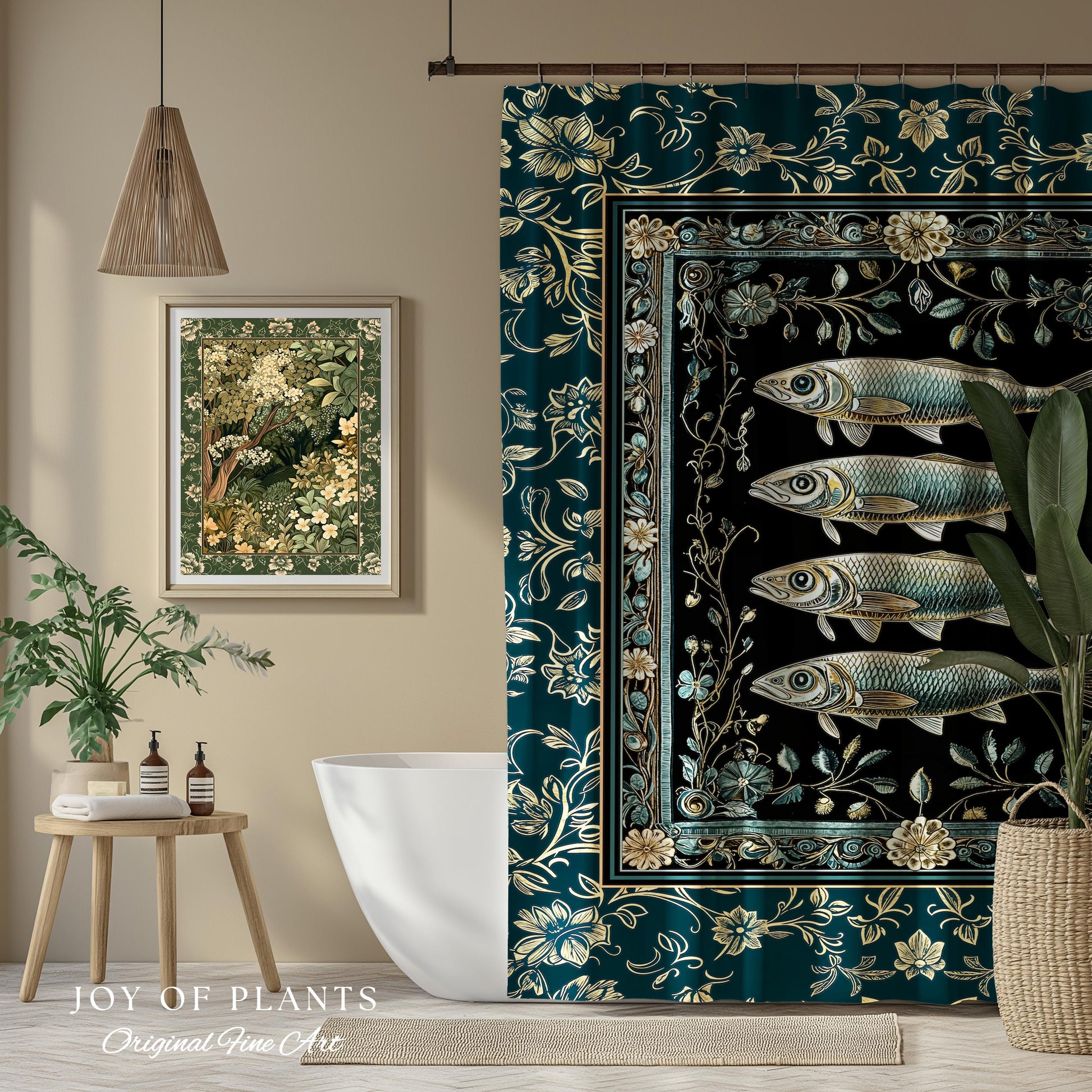 Maximalist Sea Life Sardine Shower Curtain | Coastal Folklore Bathroom Nautical Rustic Oceancore Costal Fish Marine Themed Decor Bath Decor
