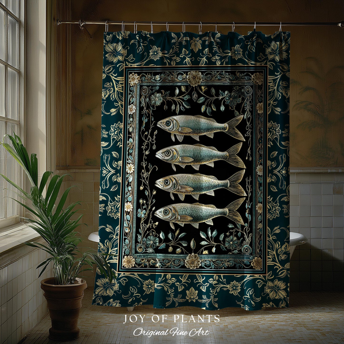 Maximalist Sea Life Sardine Shower Curtain | Coastal Folklore Bathroom Nautical Rustic Oceancore Costal Fish Marine Themed Decor Bath Decor