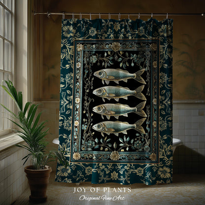 Maximalist Sea Life Sardine Shower Curtain | Coastal Folklore Bathroom Nautical Rustic Oceancore Costal Fish Marine Themed Decor Bath Decor