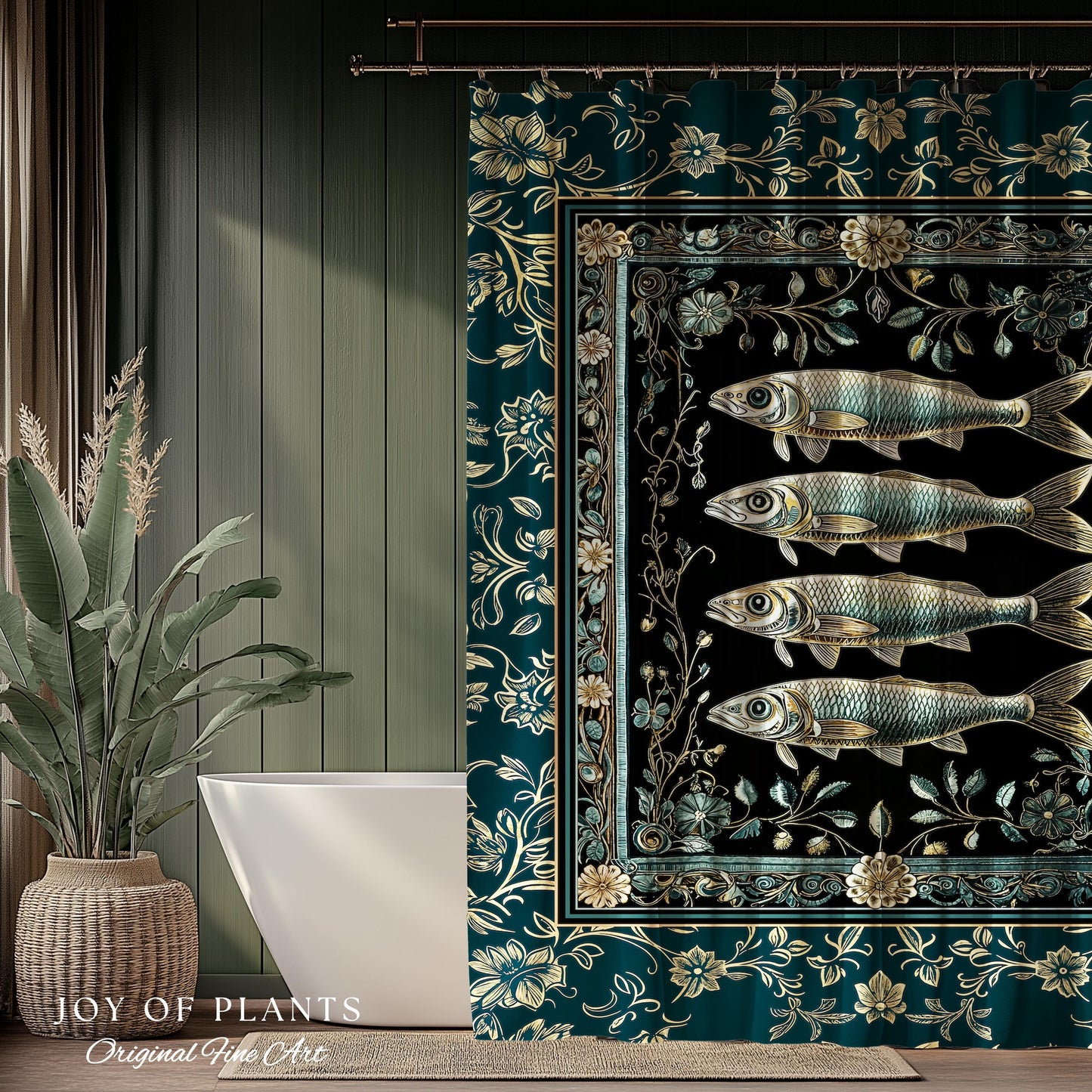 Maximalist Sea Life Sardine Shower Curtain | Coastal Folklore Bathroom Nautical Rustic Oceancore Costal Fish Marine Themed Decor Bath Decor
