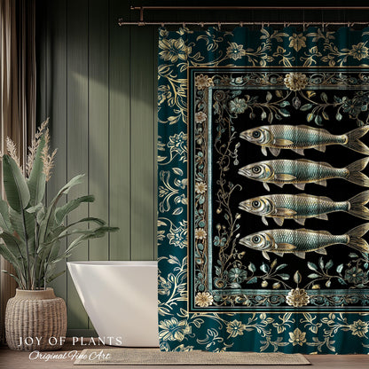 Maximalist Sea Life Sardine Shower Curtain | Coastal Folklore Bathroom Nautical Rustic Oceancore Costal Fish Marine Themed Decor Bath Decor