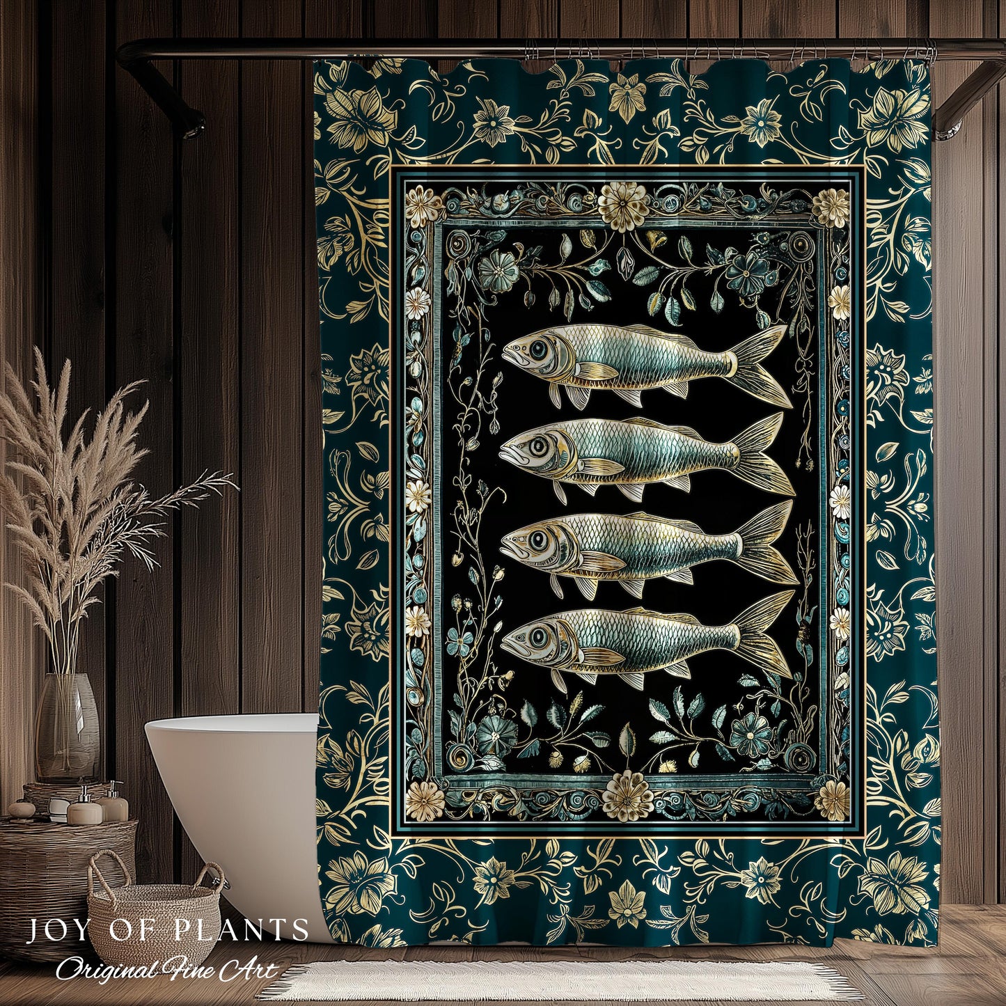 Maximalist Sea Life Sardine Shower Curtain | Coastal Folklore Bathroom Nautical Rustic Oceancore Costal Fish Marine Themed Decor Bath Decor