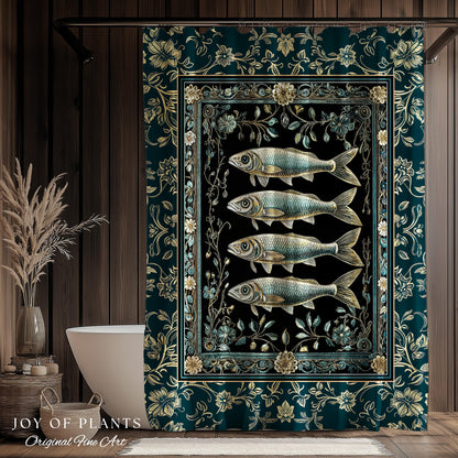 Maximalist Sea Life Sardine Shower Curtain | Coastal Folklore Bathroom Nautical Rustic Oceancore Costal Fish Marine Themed Decor Bath Decor