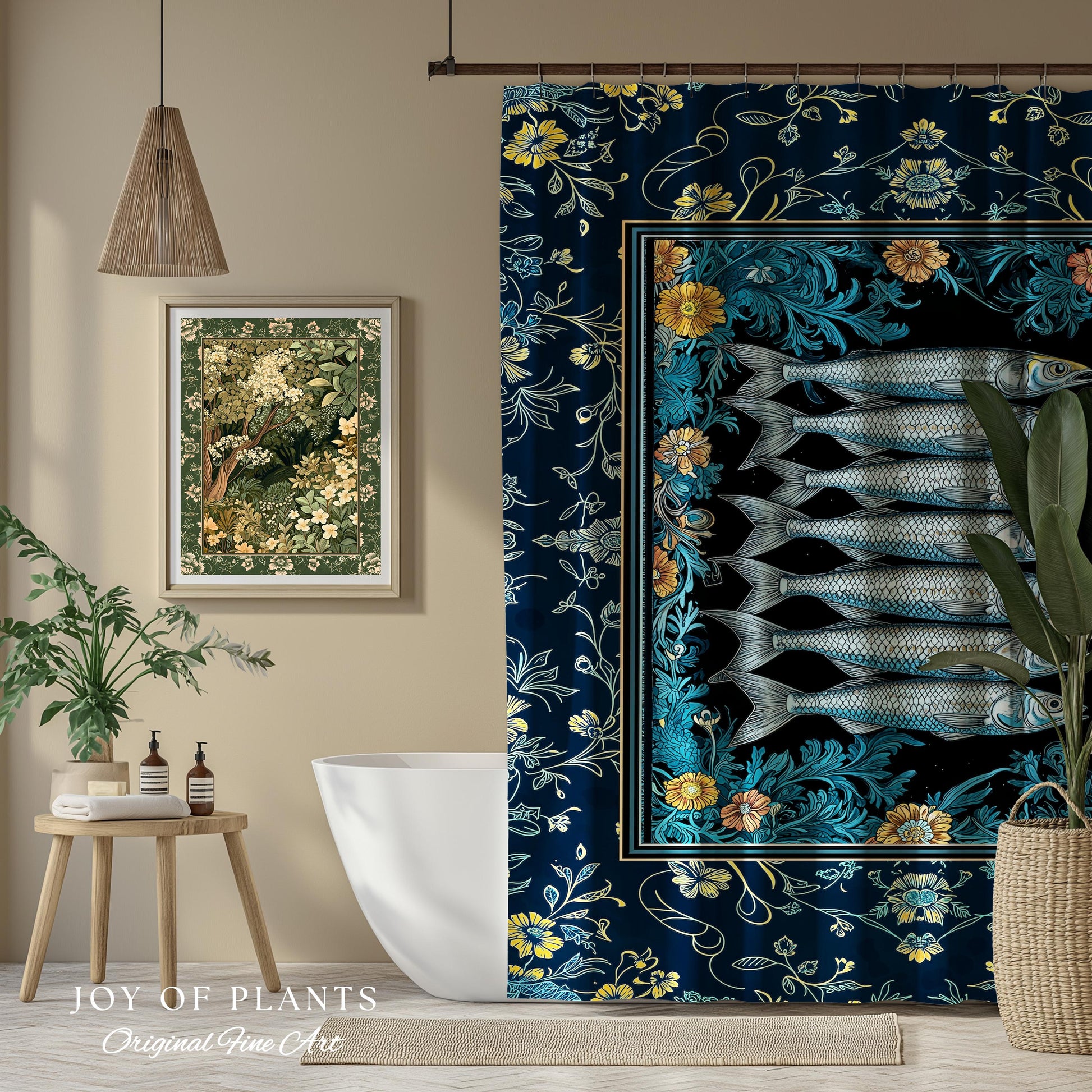 Trendy Coastal Aesthetic Shower Curtain | Eclectic Maximalist Modern Sea Life Bathroom Indie Sardine Bath Art Rustic Nautical Fish Decor |