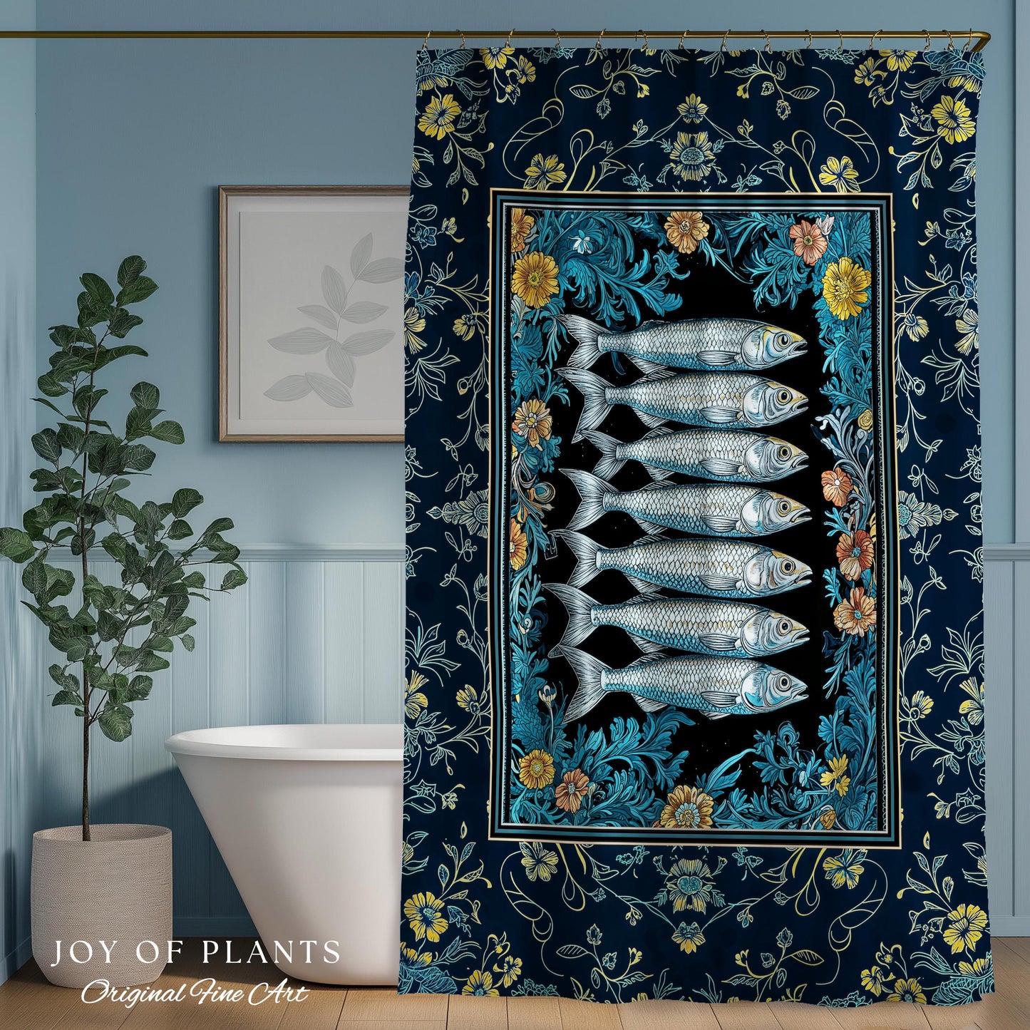 Trendy Coastal Aesthetic Shower Curtain | Eclectic Maximalist Modern Sea Life Bathroom Indie Sardine Bath Art Rustic Nautical Fish Decor |