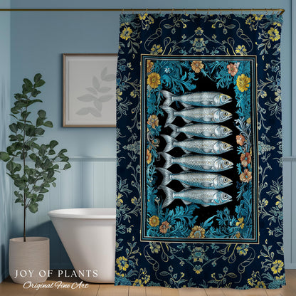 Trendy Coastal Aesthetic Shower Curtain | Eclectic Maximalist Modern Sea Life Bathroom Indie Sardine Bath Art Rustic Nautical Fish Decor |