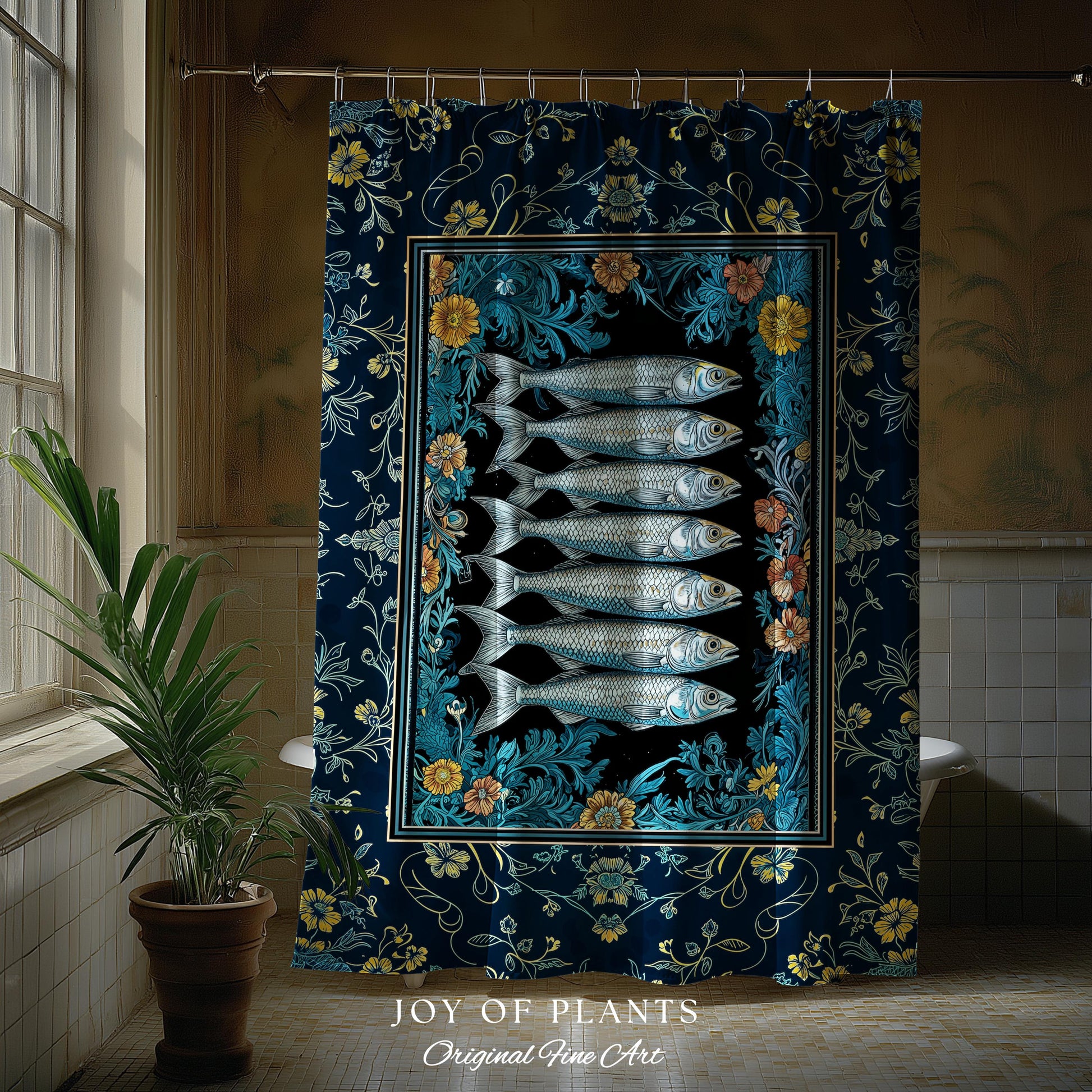 Trendy Coastal Aesthetic Shower Curtain | Eclectic Maximalist Modern Sea Life Bathroom Indie Sardine Bath Art Rustic Nautical Fish Decor |