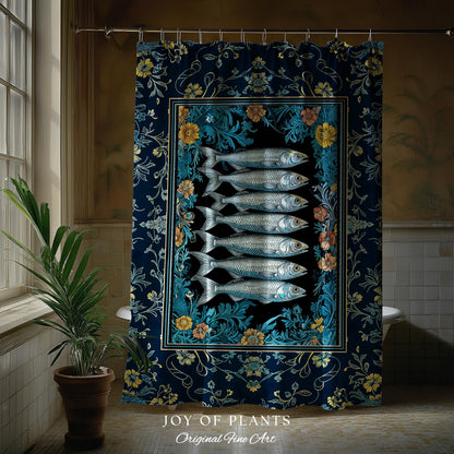 Trendy Coastal Aesthetic Shower Curtain | Eclectic Maximalist Modern Sea Life Bathroom Indie Sardine Bath Art Rustic Nautical Fish Decor |
