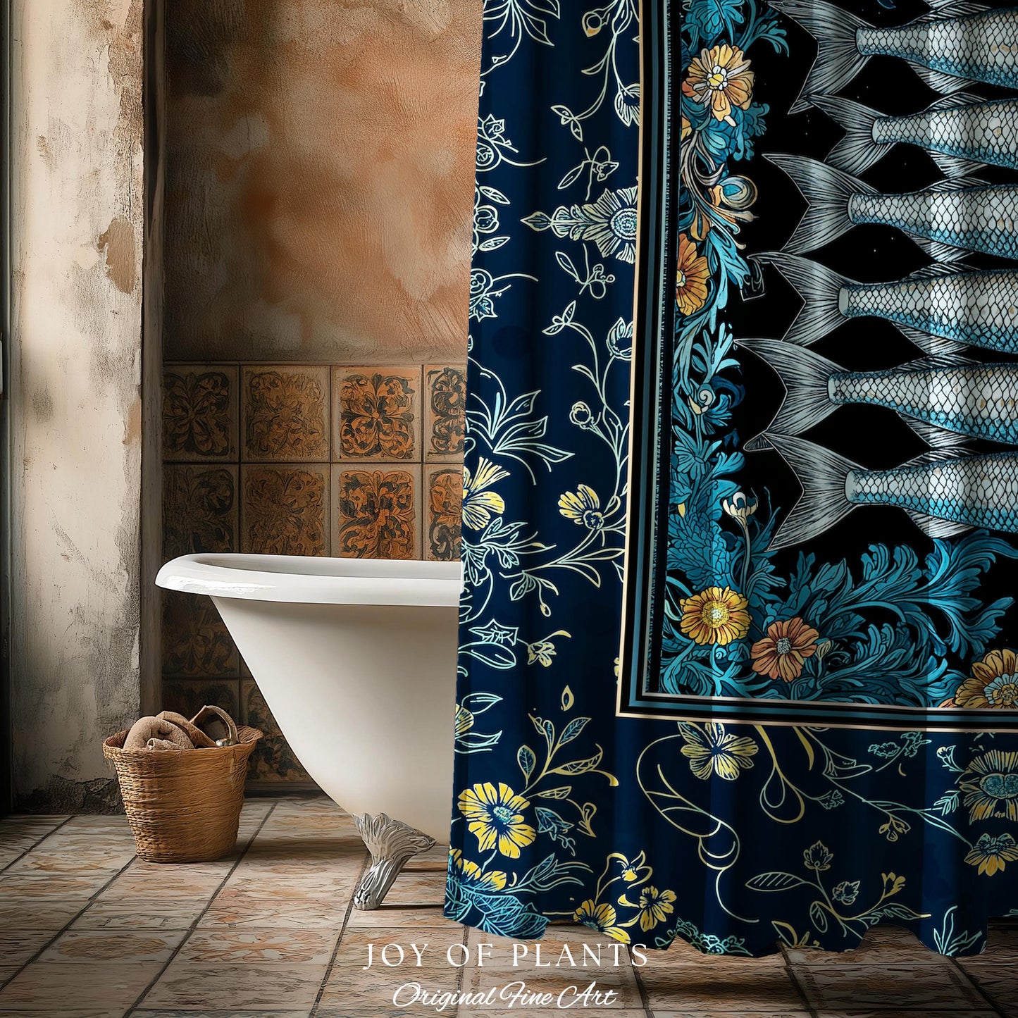 Trendy Coastal Aesthetic Shower Curtain | Eclectic Maximalist Modern Sea Life Bathroom Indie Sardine Bath Art Rustic Nautical Fish Decor |