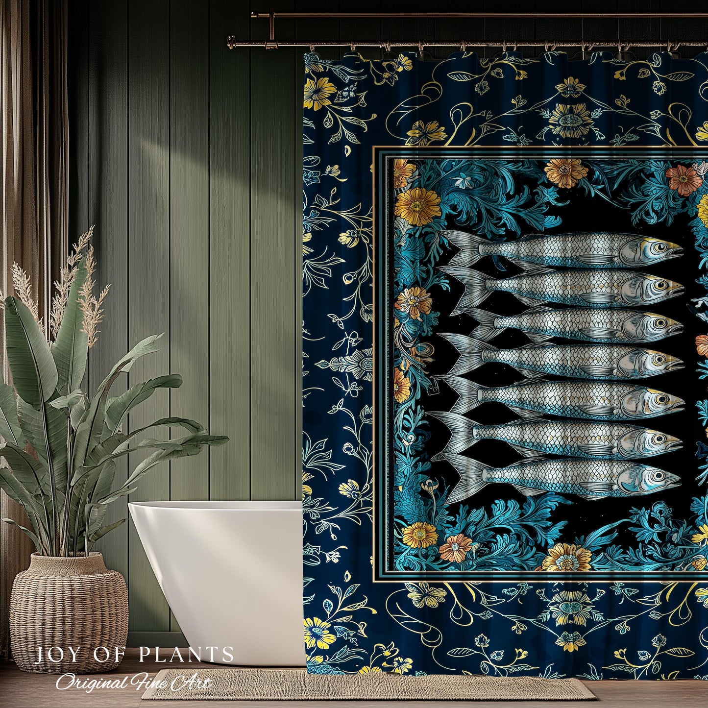 Trendy Coastal Aesthetic Shower Curtain | Eclectic Maximalist Modern Sea Life Bathroom Indie Sardine Bath Art Rustic Nautical Fish Decor |