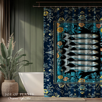Trendy Coastal Aesthetic Shower Curtain | Eclectic Maximalist Modern Sea Life Bathroom Indie Sardine Bath Art Rustic Nautical Fish Decor |