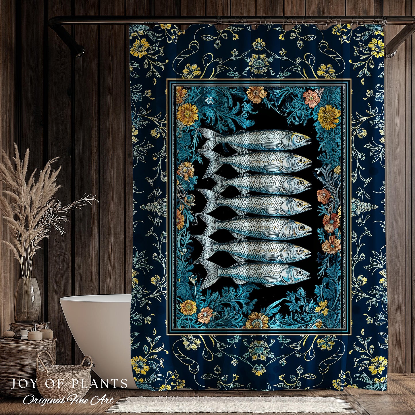Trendy Coastal Aesthetic Shower Curtain | Eclectic Maximalist Modern Sea Life Bathroom Indie Sardine Bath Art Rustic Nautical Fish Decor |