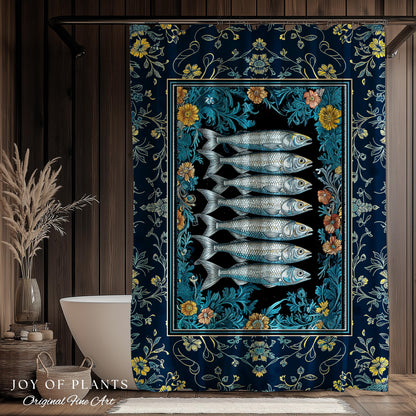 Trendy Coastal Aesthetic Shower Curtain | Eclectic Maximalist Modern Sea Life Bathroom Indie Sardine Bath Art Rustic Nautical Fish Decor |
