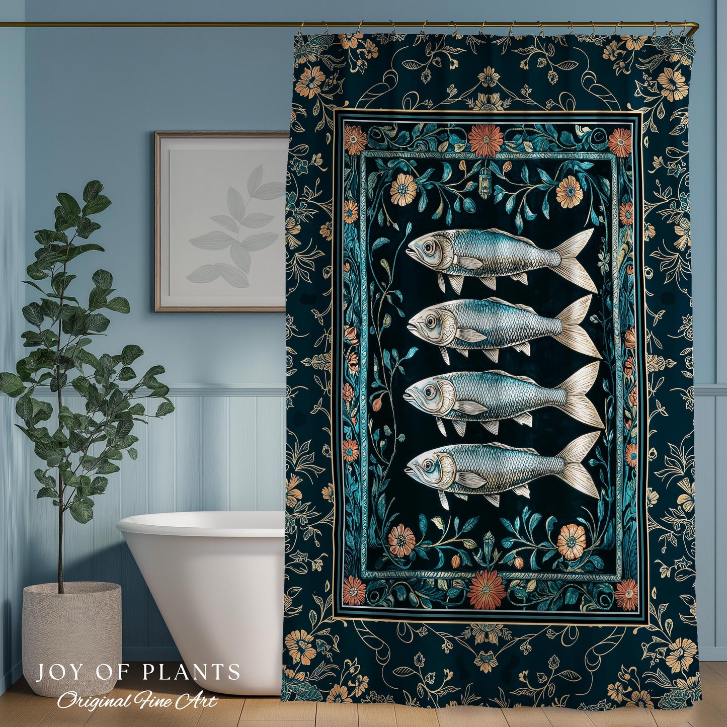 Modern Lake House Cozy Bathroom Decor | Indie Coastal Themed Shower Curtain Ocean Eclectic Sea Life Sardine Wall Art Rustic Mermaid Style