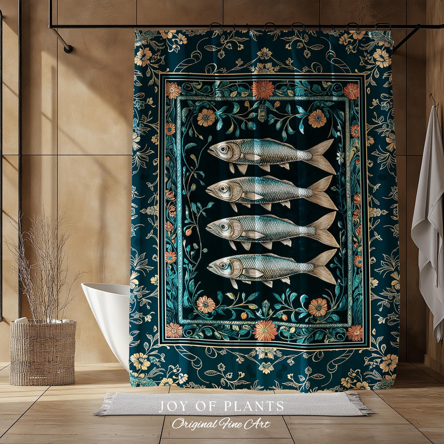 Modern Lake House Cozy Bathroom Decor | Indie Coastal Themed Shower Curtain Ocean Eclectic Sea Life Sardine Wall Art Rustic Mermaid Style