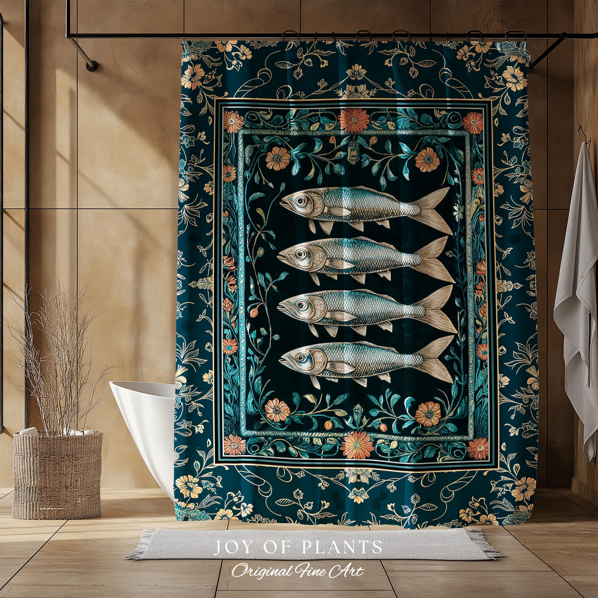 Modern Lake House Cozy Bathroom Decor | Indie Coastal Themed Shower Curtain Ocean Eclectic Sea Life Sardine Wall Art Rustic Mermaid Style