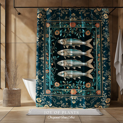 Modern Lake House Cozy Bathroom Decor | Indie Coastal Themed Shower Curtain Ocean Eclectic Sea Life Sardine Wall Art Rustic Mermaid Style