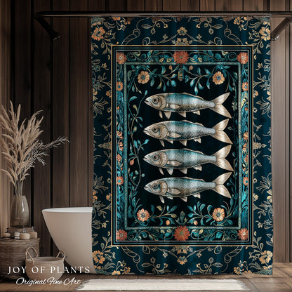 Modern Lake House Cozy Bathroom Decor | Indie Coastal Themed Shower Curtain Ocean Eclectic Sea Life Sardine Wall Art Rustic Mermaid Style