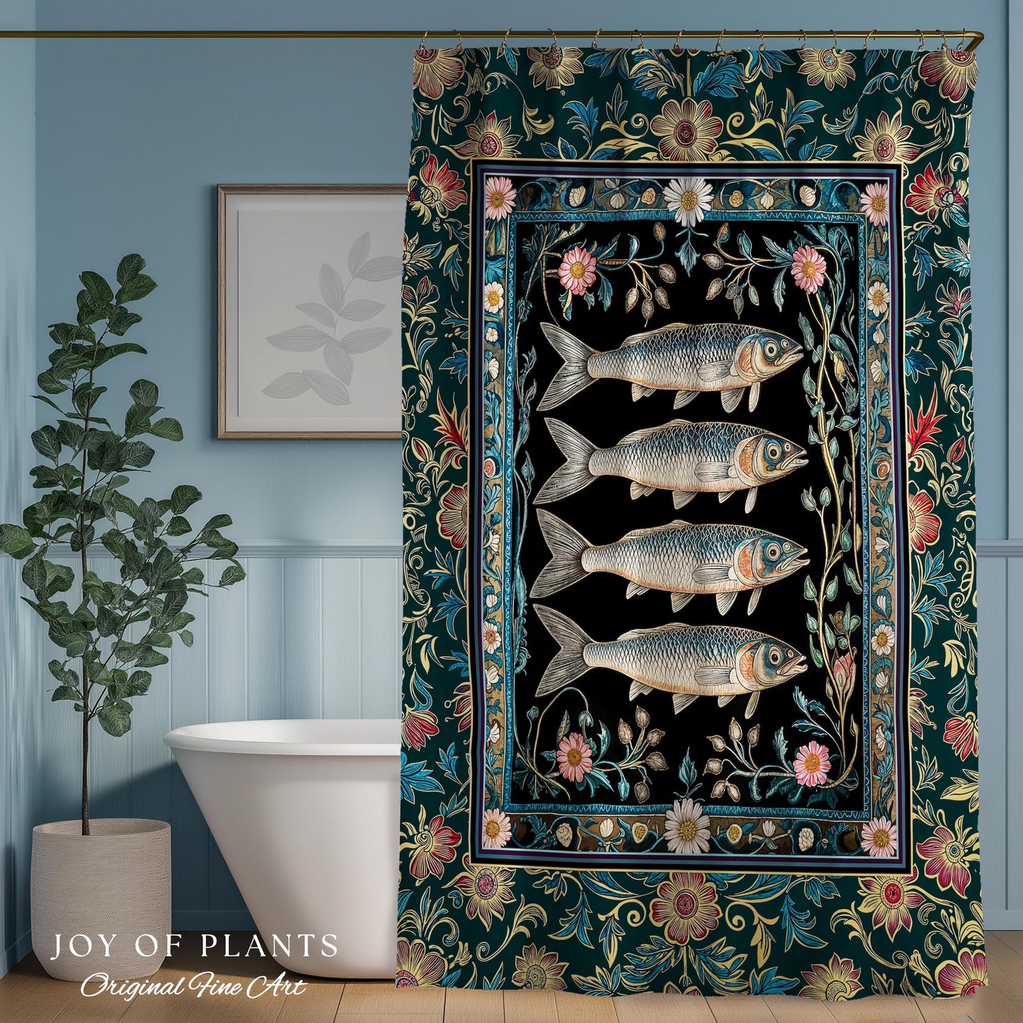 Eclectic Botanical Sardine Cozy Bathroom Decor | Nautical Lake House Shower Curtain Indie Coastal Aesthetic Oceancore Vintage Sea Life Bath