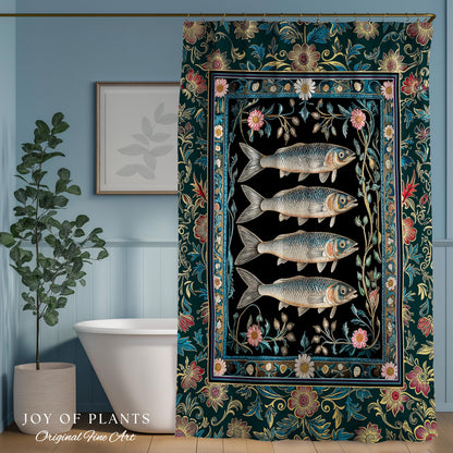 Eclectic Botanical Sardine Cozy Bathroom Decor | Nautical Lake House Shower Curtain Indie Coastal Aesthetic Oceancore Vintage Sea Life Bath