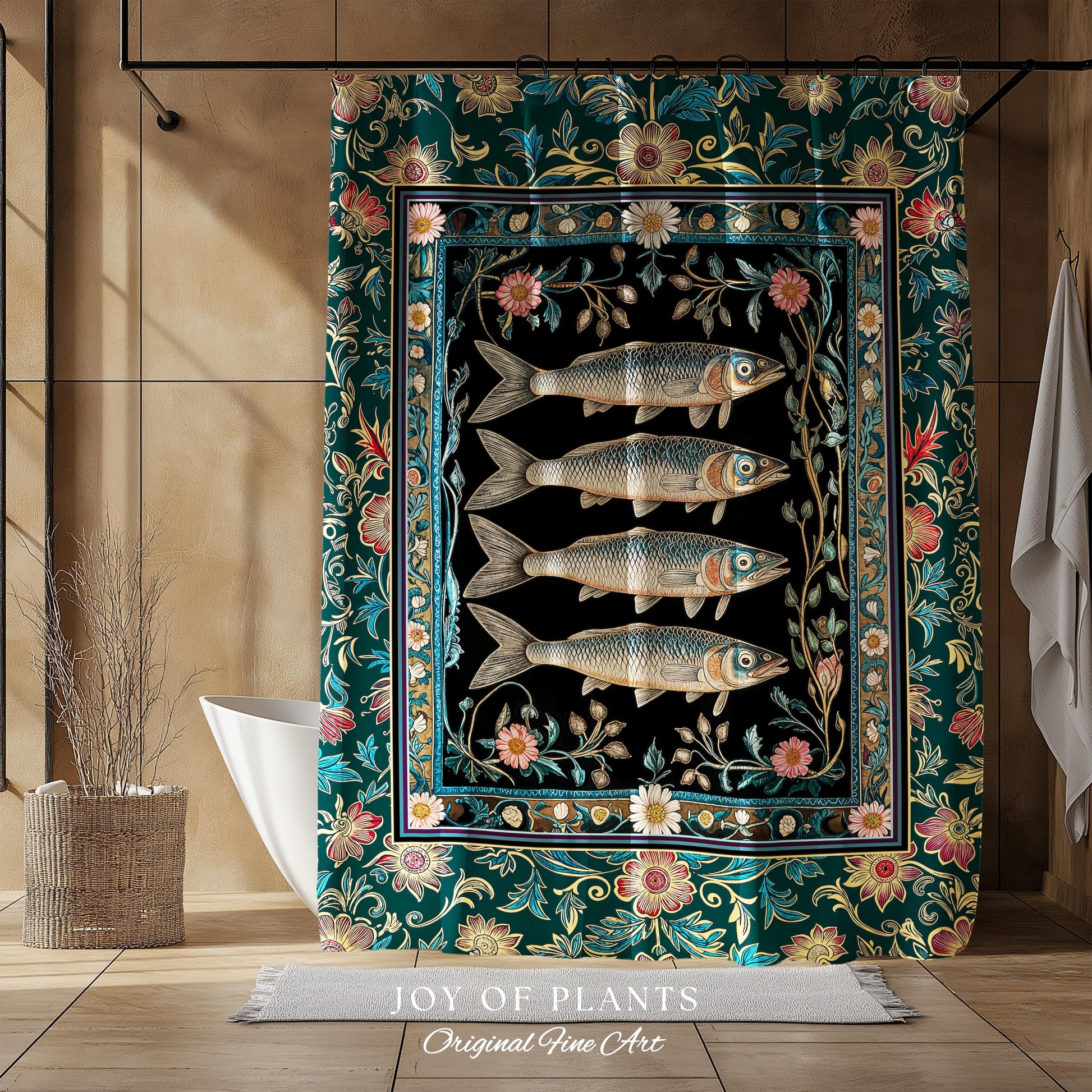 Eclectic Botanical Sardine Cozy Bathroom Decor | Nautical Lake House Shower Curtain Indie Coastal Aesthetic Oceancore Vintage Sea Life Bath