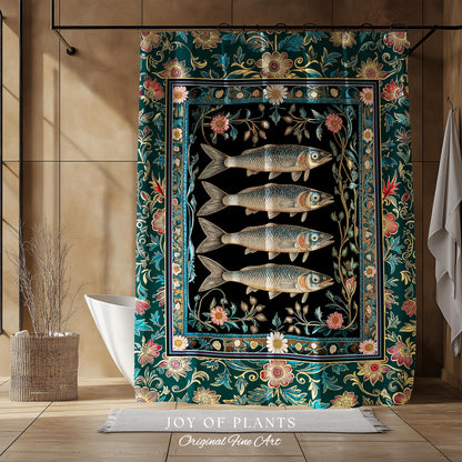 Eclectic Botanical Sardine Cozy Bathroom Decor | Nautical Lake House Shower Curtain Indie Coastal Aesthetic Oceancore Vintage Sea Life Bath