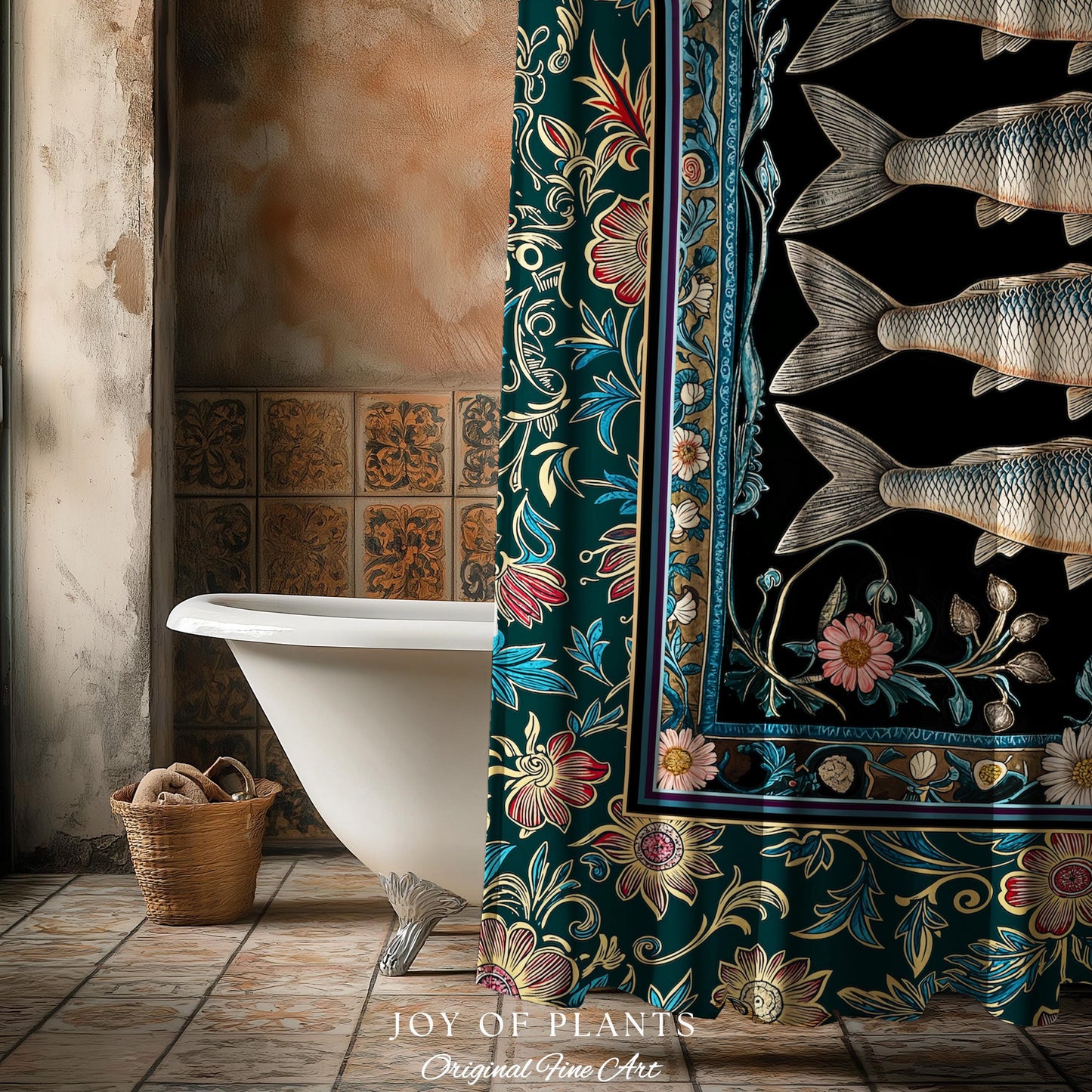 Eclectic Botanical Sardine Cozy Bathroom Decor | Nautical Lake House Shower Curtain Indie Coastal Aesthetic Oceancore Vintage Sea Life Bath