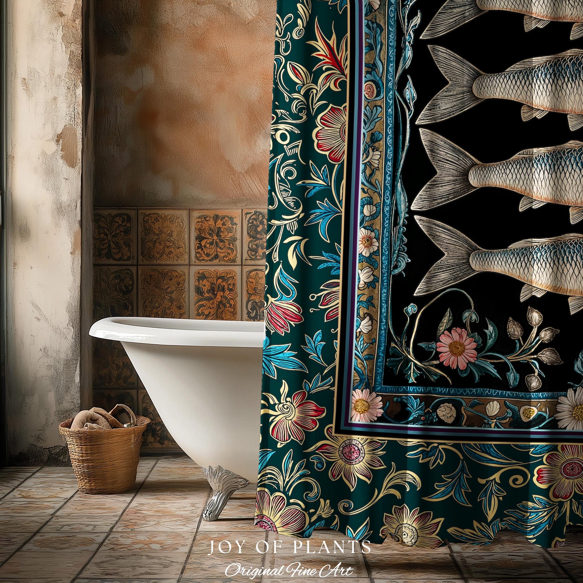 Eclectic Botanical Sardine Cozy Bathroom Decor | Nautical Lake House Shower Curtain Indie Coastal Aesthetic Oceancore Vintage Sea Life Bath