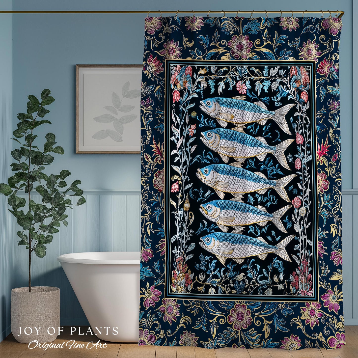 Whimsical Sea Life Sardine Shower Curtain | Cozy Nautical Lake House Bathroom Eclectic Coastal Aesthetic Maxmialist Vintage Sea Life Accent