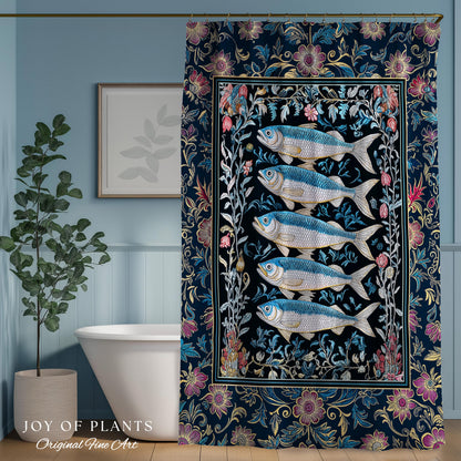 Whimsical Sea Life Sardine Shower Curtain | Cozy Nautical Lake House Bathroom Eclectic Coastal Aesthetic Maxmialist Vintage Sea Life Accent