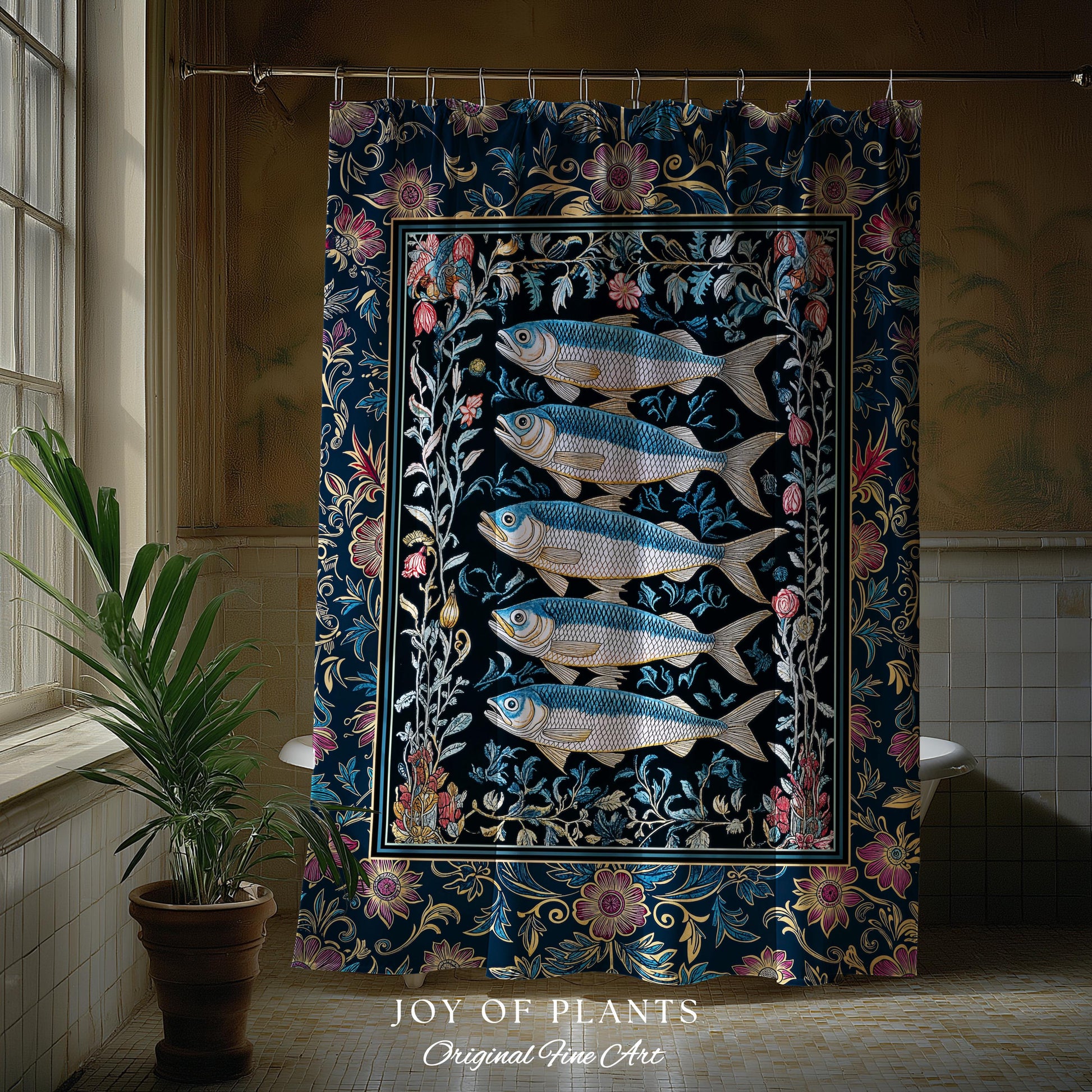 Whimsical Sea Life Sardine Shower Curtain | Cozy Nautical Lake House Bathroom Eclectic Coastal Aesthetic Maxmialist Vintage Sea Life Accent