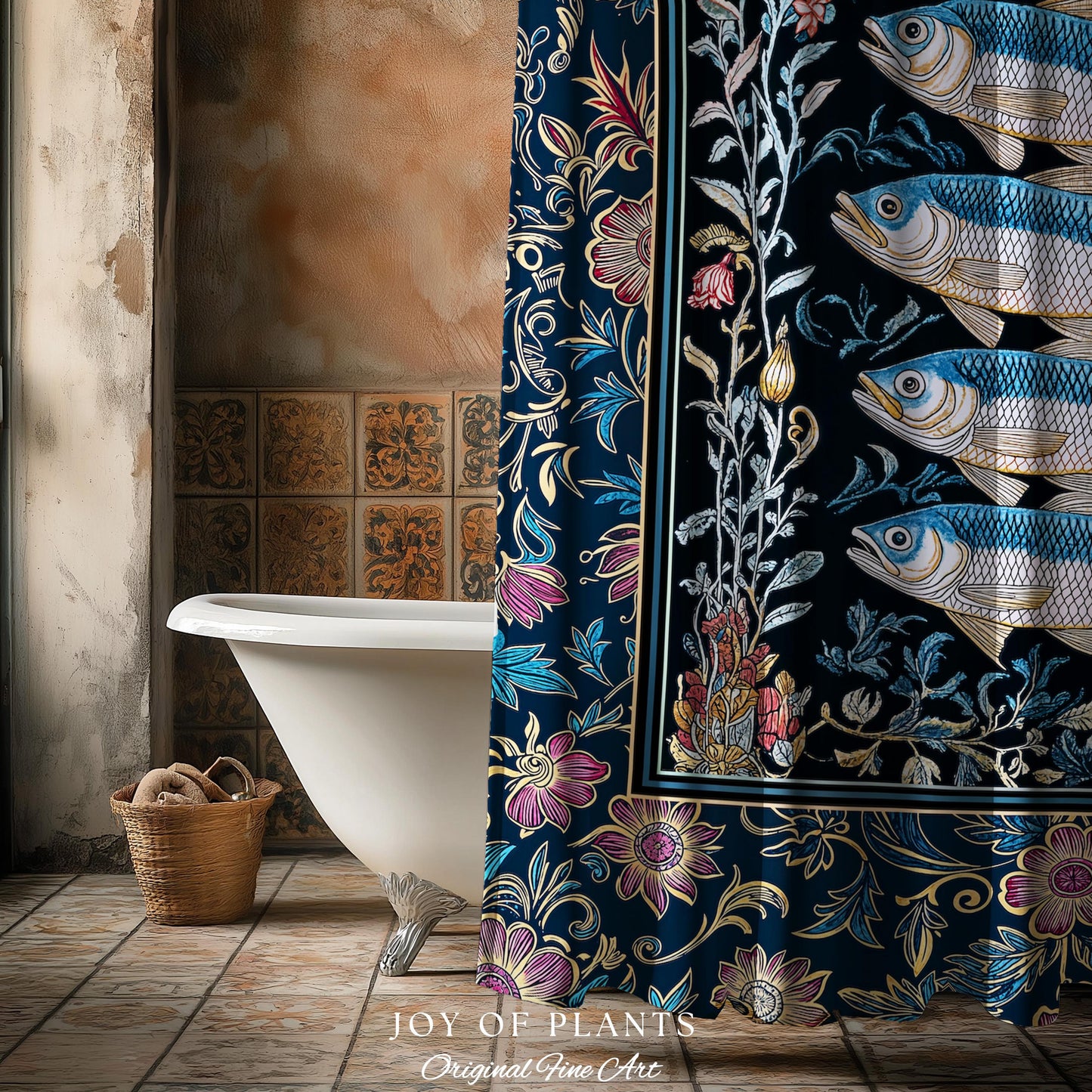 Whimsical Sea Life Sardine Shower Curtain | Cozy Nautical Lake House Bathroom Eclectic Coastal Aesthetic Maxmialist Vintage Sea Life Accent