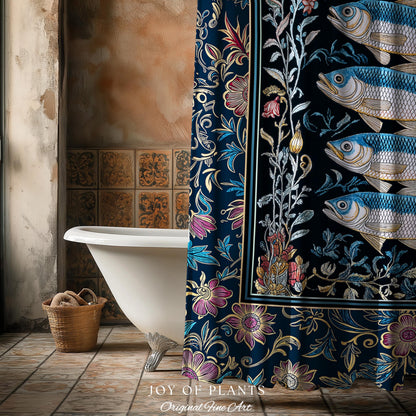 Whimsical Sea Life Sardine Shower Curtain | Cozy Nautical Lake House Bathroom Eclectic Coastal Aesthetic Maxmialist Vintage Sea Life Accent