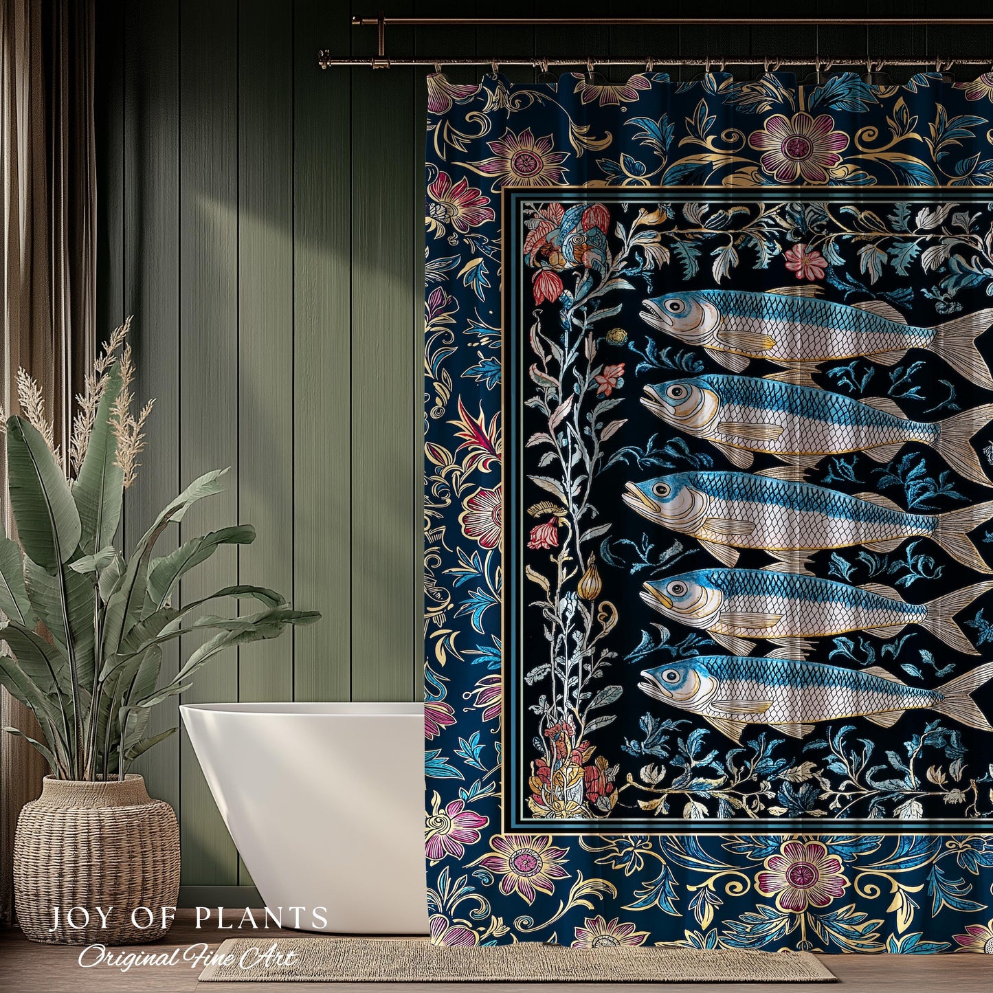 Whimsical Sea Life Sardine Shower Curtain | Cozy Nautical Lake House Bathroom Eclectic Coastal Aesthetic Maxmialist Vintage Sea Life Accent