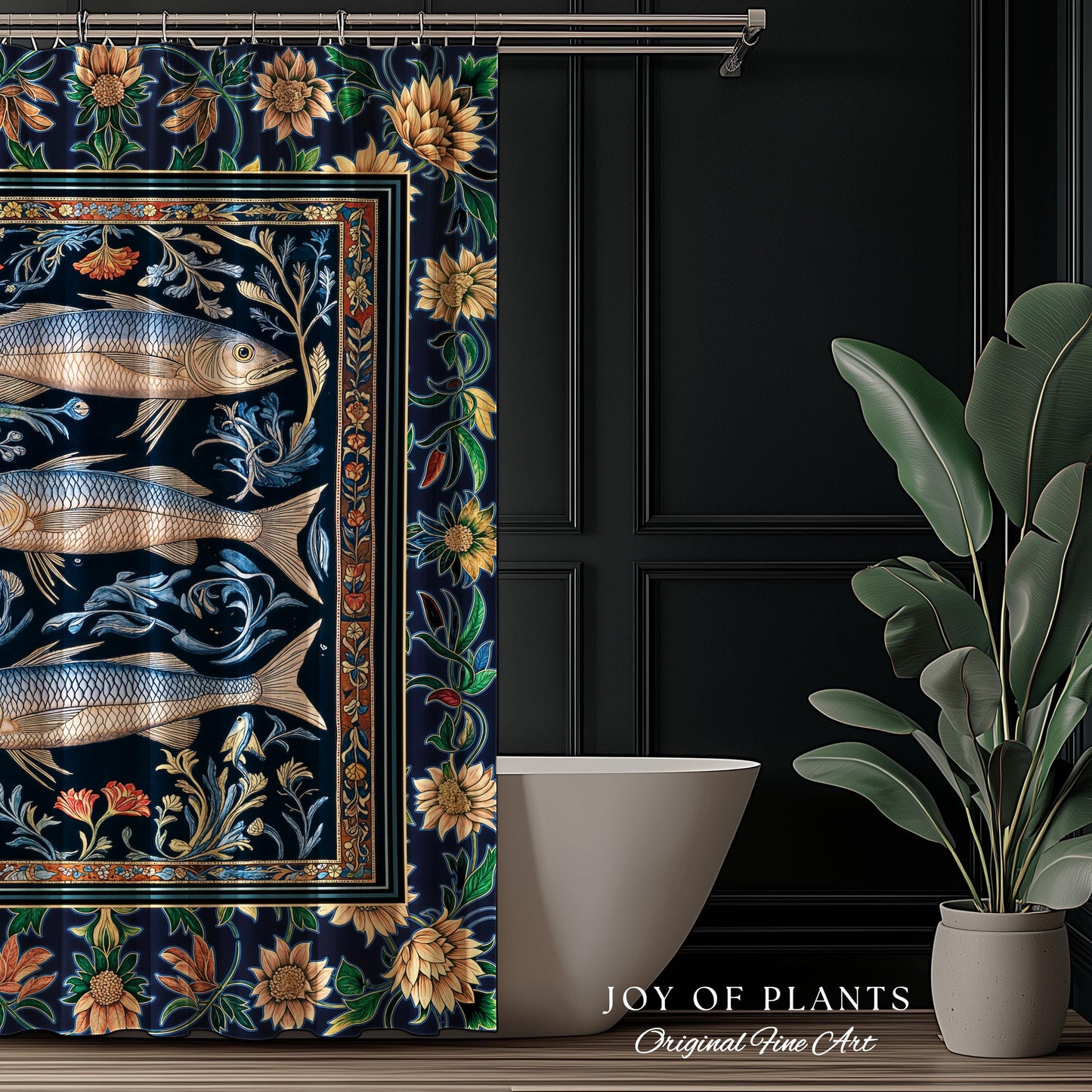 Botanical Marine Life Shower Curtain | Coastal Aesthetic Beachy Whimsical Sardine Bathroom Nautical Lake House Decor Eclectic Floral Style |