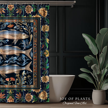 Botanical Marine Life Shower Curtain | Coastal Aesthetic Beachy Whimsical Sardine Bathroom Nautical Lake House Decor Eclectic Floral Style |
