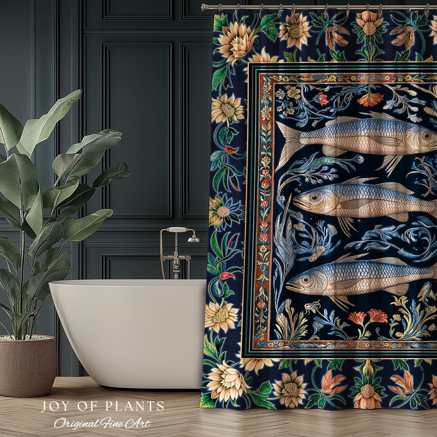 Botanical Marine Life Shower Curtain | Coastal Aesthetic Beachy Whimsical Sardine Bathroom Nautical Lake House Decor Eclectic Floral Style |